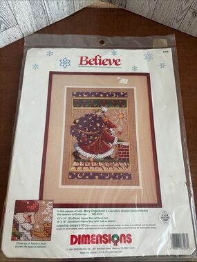 Dimensions "Believe" Santa Cross Stitch kit Wall Art - Red & Purple seal package